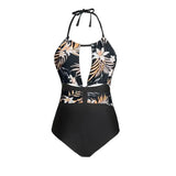 Black Floral Cut Out Halter One-piece Swimsuit