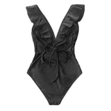 Black V-neck One-piece Swimsuit