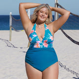 Blue Plunge Neck Plus Size One-piece Swimsuit