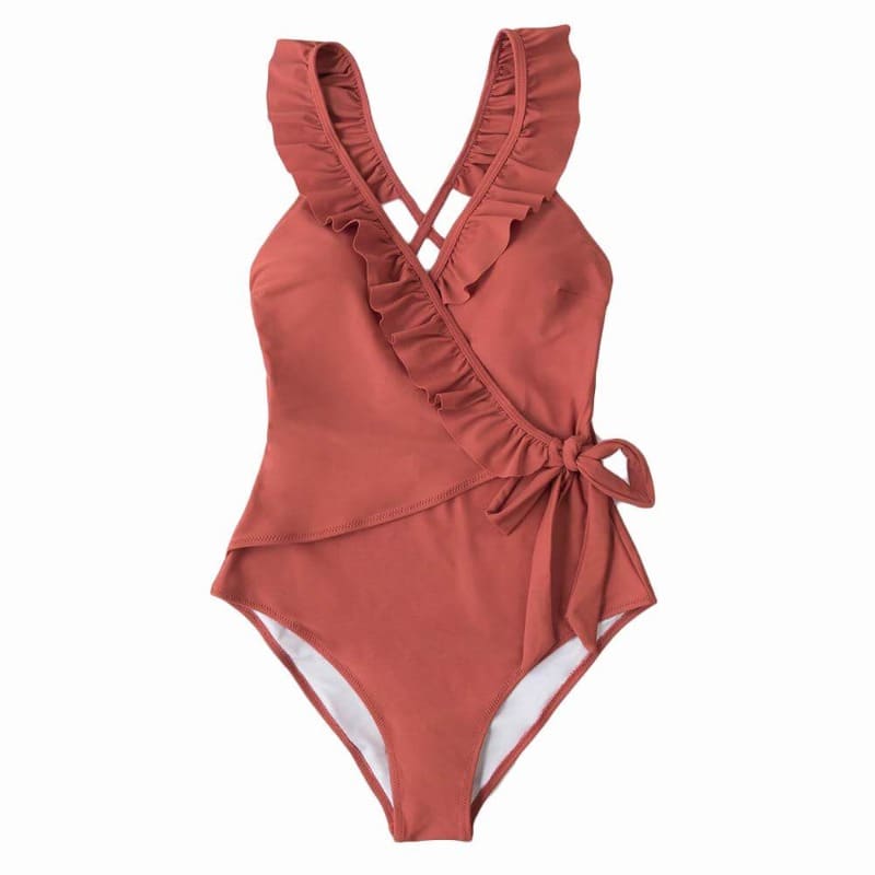 Brick-red V-neck One-piece Swimsuit