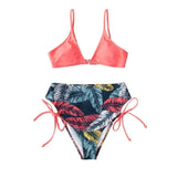 Coral Lace-up High Waisted Bikini Set