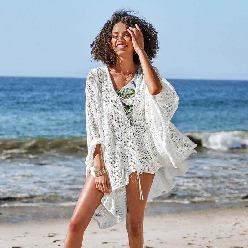 Creamy Lace-up Crochet Cover-up
