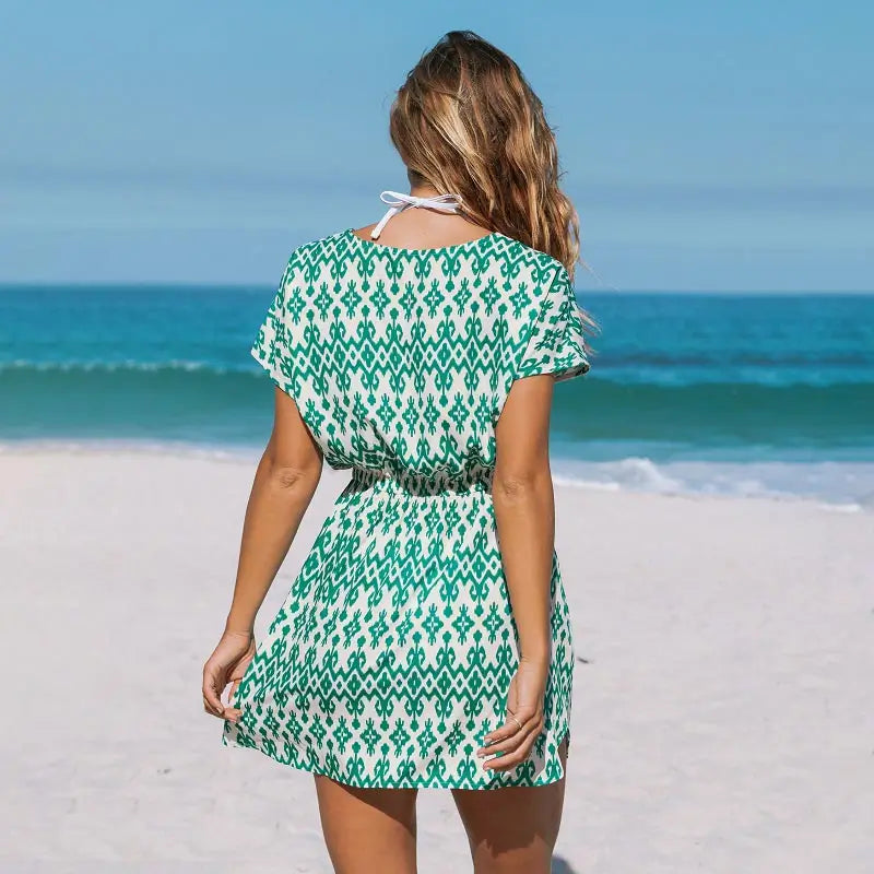 Green Geometric Dolman Sleeve Cover-Up Dress