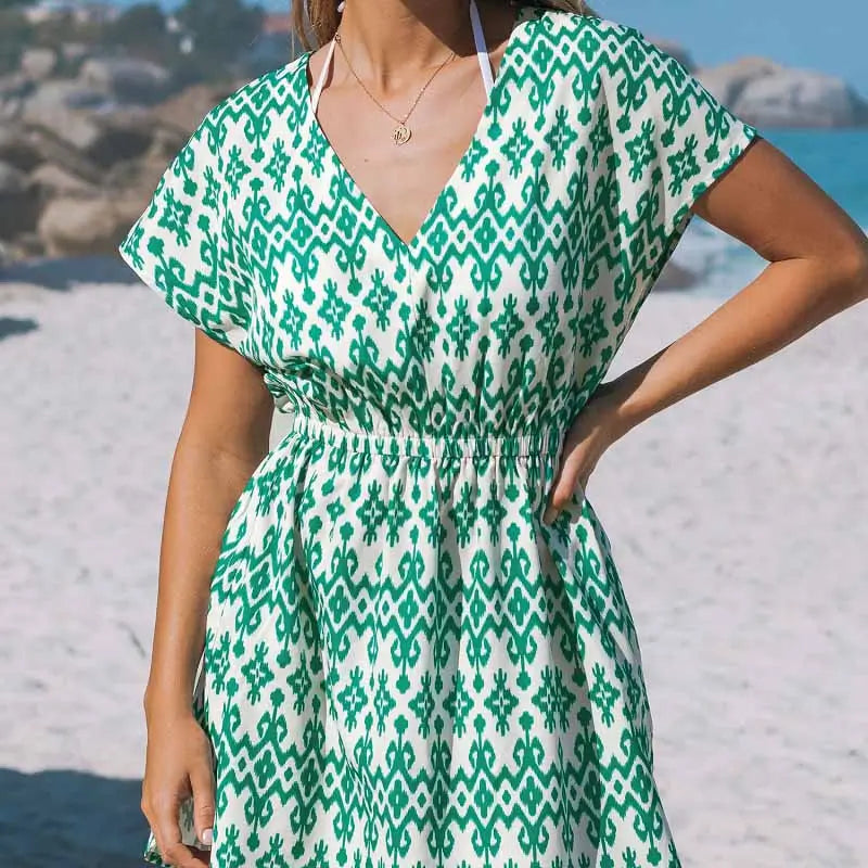 Green Geometric Dolman Sleeve Cover-Up Dress