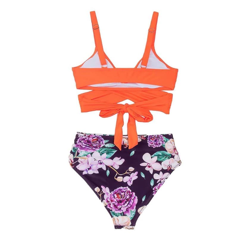 Orange Floral High Waisted Bikini Set