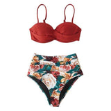Red Floral Push-up High Waisted Bikini Set