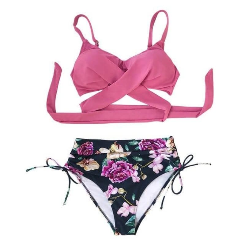 Solid Floral Print High Waisted Bikini Set