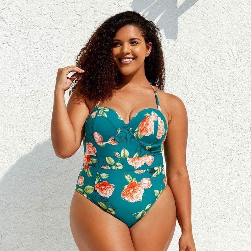 Teal Floral Molded Cups One-piece Plus Size Swimsuit