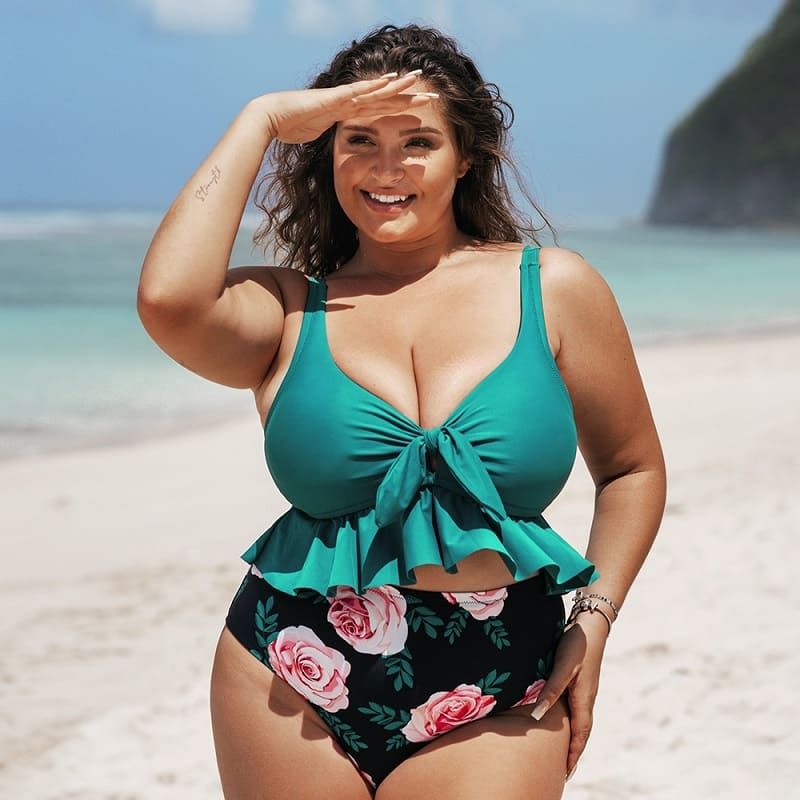 Teal Knotted Ruffle Plus Size Bikini Set