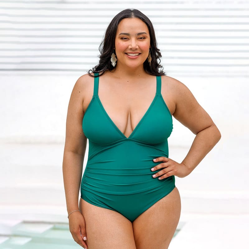 Teal V-neck Shirred Plus Size One-piece Swimsuit