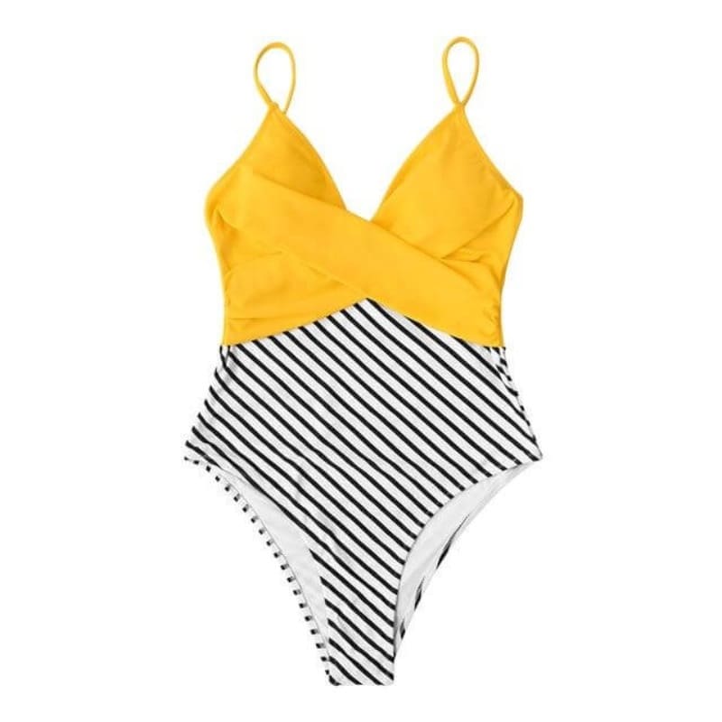 Yellow Striped Twist-front V-neck One-piece Swimsuit