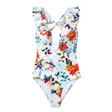 White Floral Deep V-Neck One-piece Swimsuit