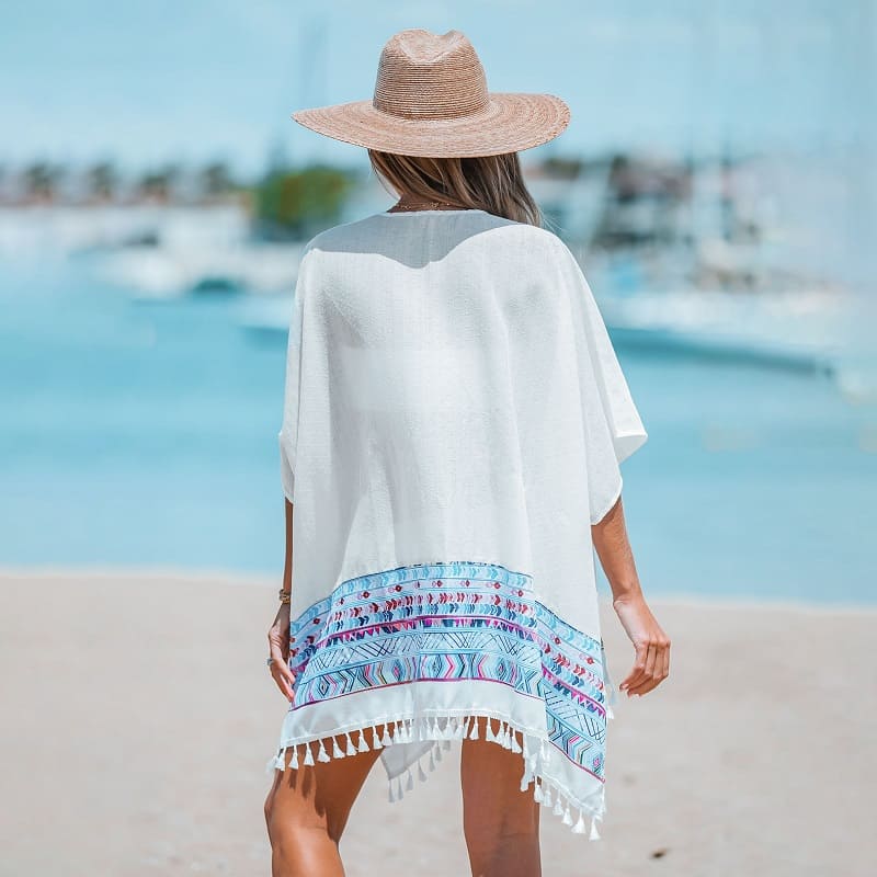 White Tribal Print Tassel Trim Bikini Cover-up