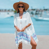 White Tribal Print Tassel Trim Bikini Cover-up