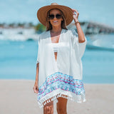 White Tribal Print Tassel Trim Bikini Cover-up