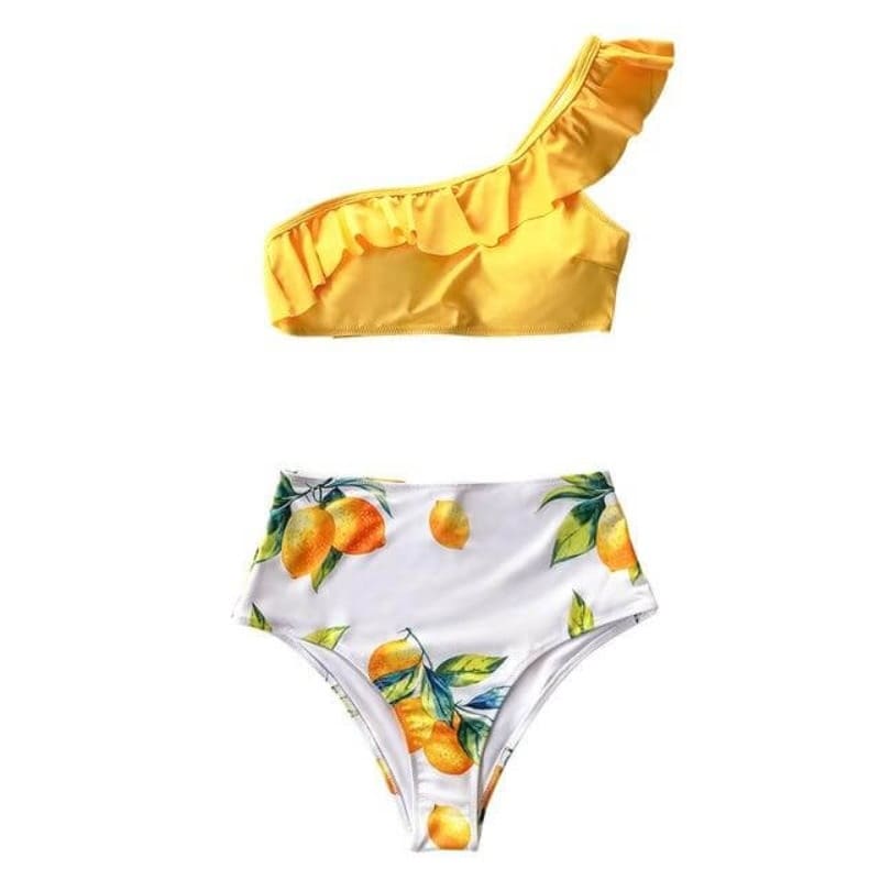 Yellow Floral One Shoulder High Waisted Bikini Set