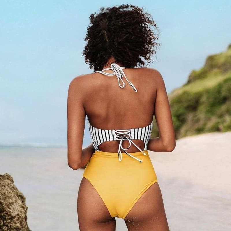 Yellow Striped One-piece Swimsuit
