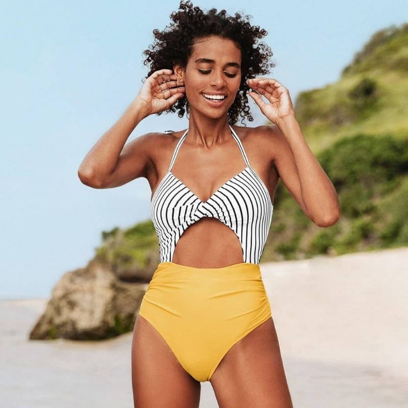 Yellow Striped One-piece Swimsuit