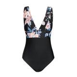 Black Floral Plunge Neck One-piece Swimsuit