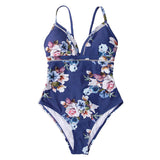 Blue Floral Lace-up One-piece Swimsuit
