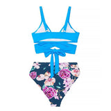 Blue Floral Print High Waisted Bikini Set