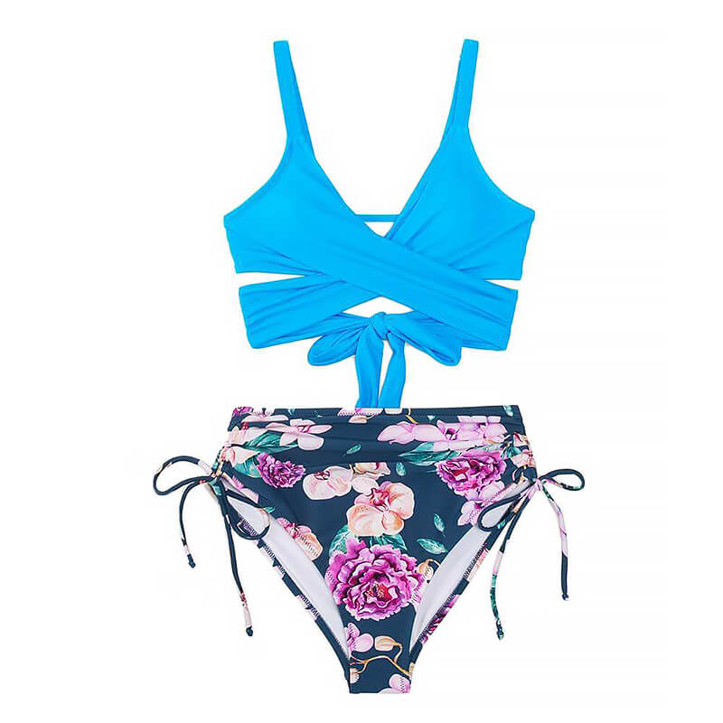 Blue Floral Print High Waisted Bikini Set