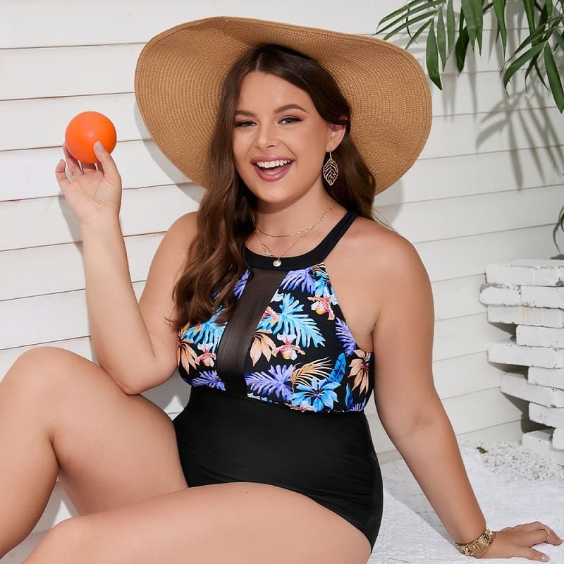 Floral High Neck One-piece Plus Size Swimsuit