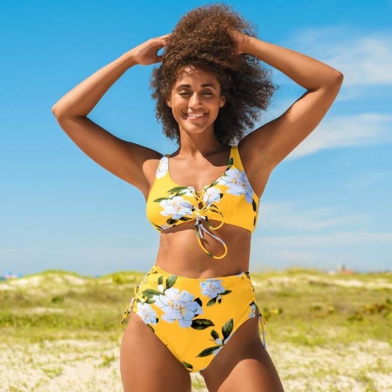 Yellow Floral Lace-up High-waist Bikini Set