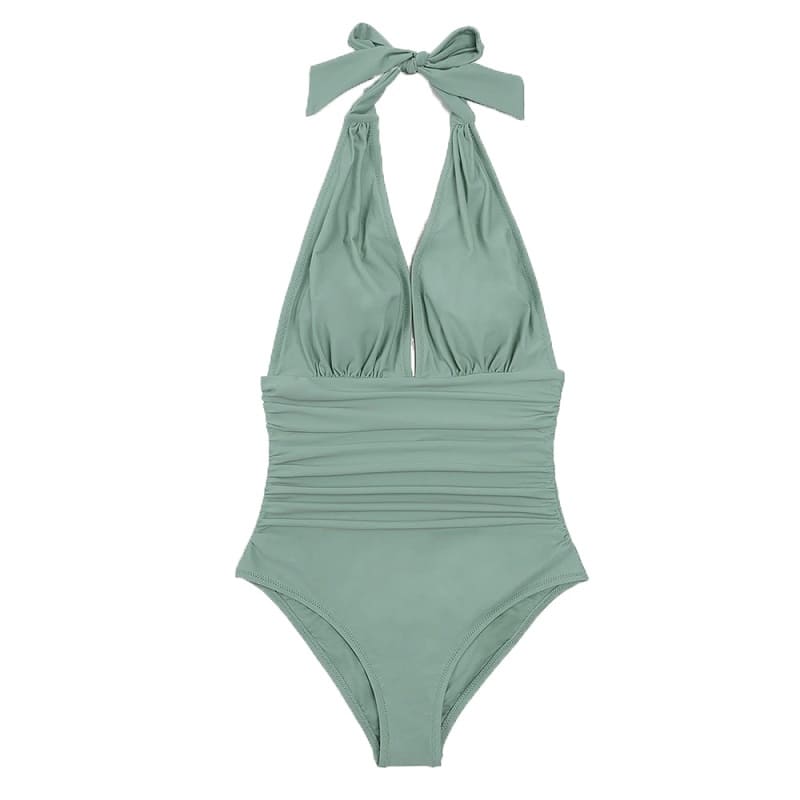 Green Ruched Halter One-piece Swimsuit