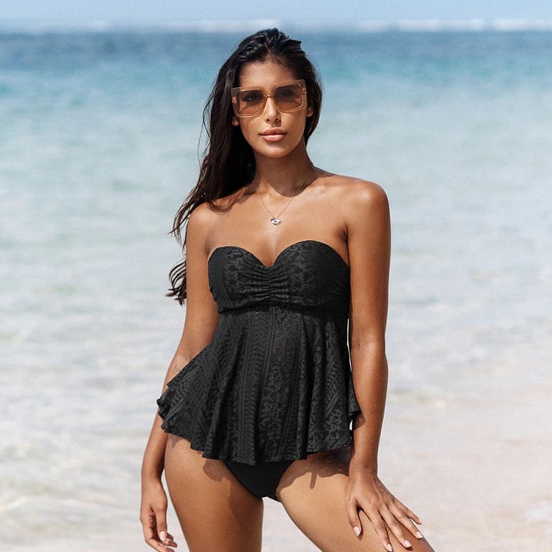 Black Lace Push-up Mid Waisted Tankini Swimsuit