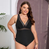 Mesh V-neck Plus Size One-piece Swimsuit