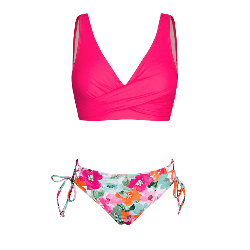 Pink Floral Lace-up Mid Waisted Bikini Set