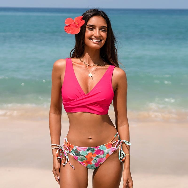 Pink Floral Lace-up Mid Waisted Bikini Set