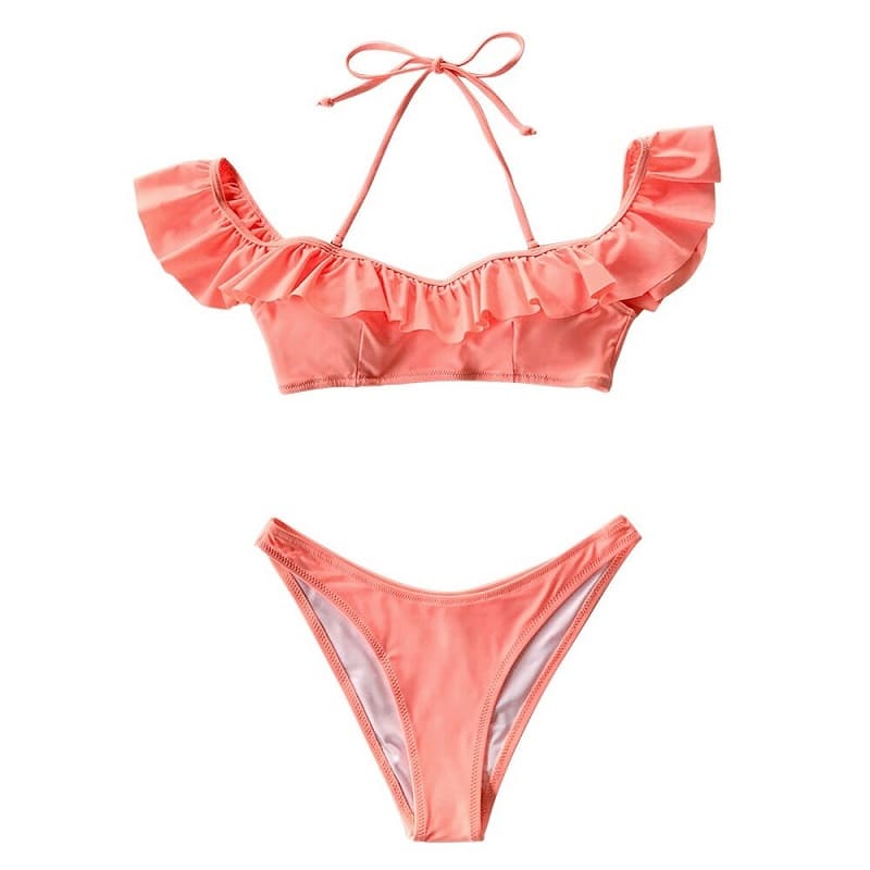 Pink Ruffled Halter Thong High Waisted Bikini Set