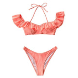 Pink Ruffled Halter Thong High Waisted Bikini Set