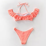 Pink Ruffled Halter Thong High Waisted Bikini Set