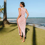 Pink V-neck Hollow Out Cover-up
