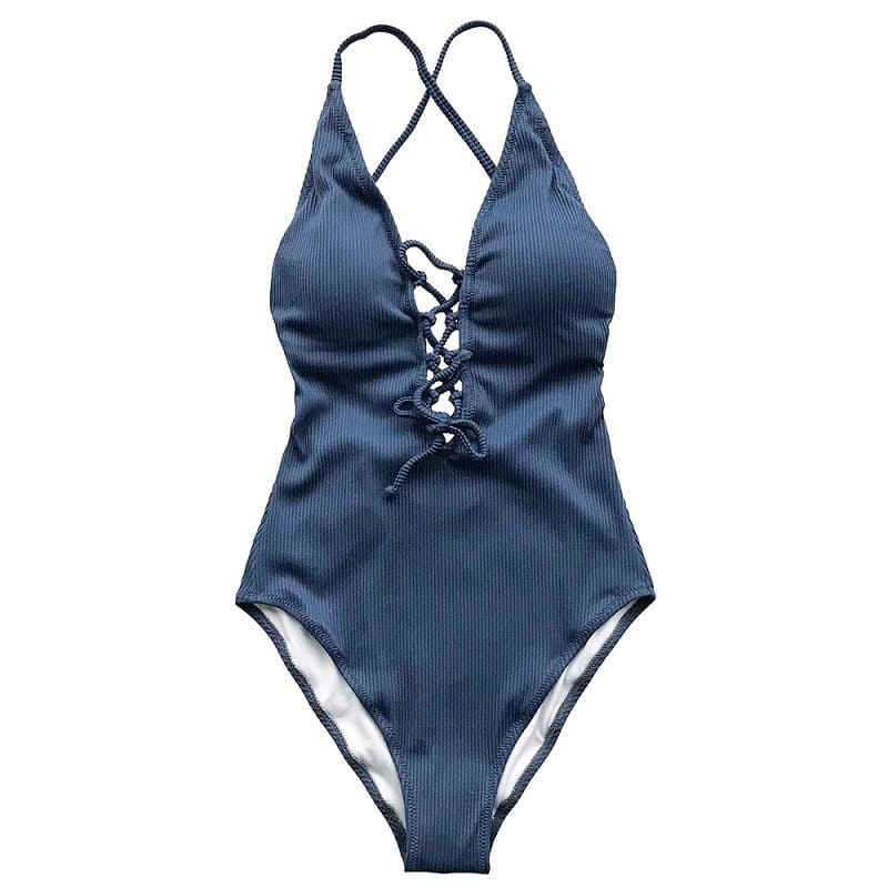 Blue Front Lace-up One-piece Swimsuit