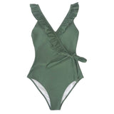Solid Green V-neck One-piece Swimsuit