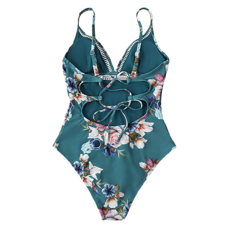 Teal Floral Lace-up One-piece Swimsuit