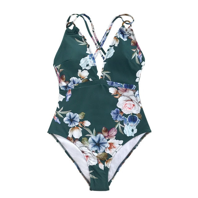 Teal Floral V-neck One-piece Swimsuit